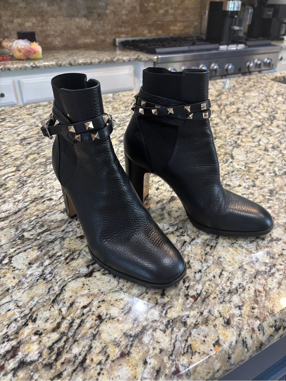 Valentino Garavani Black Leather Studded Ankle Boots